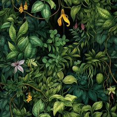 an image of a jungle scene with flowers and leaves on black background, illustration painting