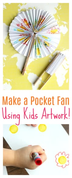 a paper fan is being used to make kids art work with the words make a pocket fan using kids'artwork