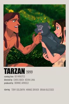 the poster for tarazan, featuring two people holding a monkey and another person looking at it