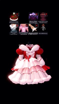 a dress made out of paper with red and white ribbons on the bottom, in front of