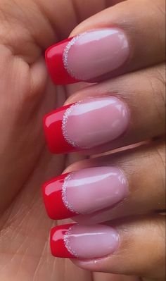 red french tips 💋 Red Nails Ideas Homecoming, Red And Sparkle Acrylic Nails, Red Nail Designs For Graduation, Nail Ideas To Go With A Red Dress, Red Homecoming Nail Ideas, Red And Silver Homecoming Nails, Red French Tip Sparkle, Red Acrylic Nails Ideas Short, Red French Tip Nails With Silver Line