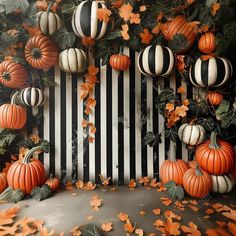 pumpkins and gourds are arranged on a striped wall with leaves around them