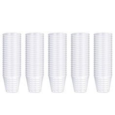 a set of six plastic cups sitting next to each other