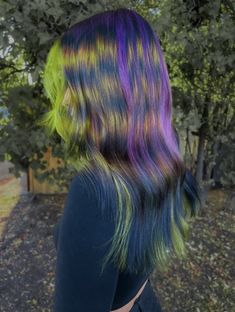 Rainbow Raccoon Tail Hair, Dark Hair Rainbow Highlights, Multicolored Hair Aesthetic, Green And Purple Hair Split, Blue And Green Hair Split, Monster High Characters, Halloween Hair, Edgy Hair, Hair Colours