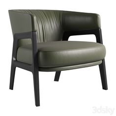 a green leather chair with wooden legs and armrests on an isolated white background