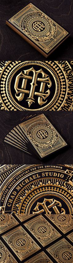 gold and black business cards with the letter g on each side, surrounded by intricate designs