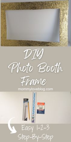 Photo Booth frame in gold glitter. Photo Booth frame is rectangular, diy Photo Booth frame, ruler, pencil, foam board, diy supplies Diy Party Photo Booth, Picture Frames For Parties, Photo Booth Picture Frames, Photo Booth Frame Prop, Diy Wedding Photo Booth, Party Photo Frame