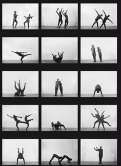 black and white photographs of people doing different poses in various positions, with one person standing on