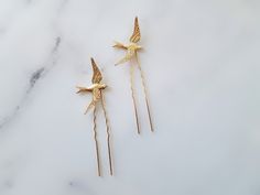 "Gold Bird Hair Pin Set of two, perfect for a Wedding, bridesmaids, or any occasion. Made with KC gold birds and pins. Wonderful for a woodland themed Wedding. Stick pins are perfect for an up-do hairstyle. Measures 3 1/2\" (including pin) and birds measure 1 1/2\" x 1\" Thank you for visiting Love Forever Bridal and please ask me any questions. Thanks so much! :)" Bird Hair Accessories, Bird Hair Clip, Bird Hair Pin, Peggy Olson, Gold Hair Pins, Hair Clips Wedding, Gold Birds, Gold Hair Pin, Bird Wedding