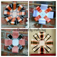 four pictures of different types of bows hanging on a brick wall with text overlay that says, designed by crafty bug