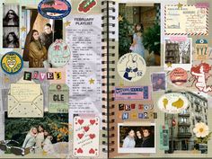 an open page in a scrapbook with many pictures and words on it, including people