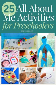 the cover of 25 all about me activities for preschoolers with pictures of people and animals