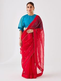 Buy Red Embroidered Organza Saree with Underskirt - Set of 2 | JKS225-JKP225/JNK1