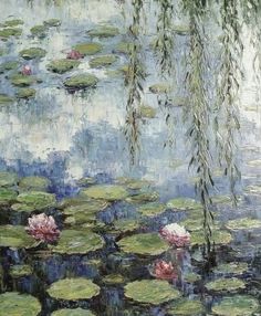 a painting of water lilies and weeping willows on a pond with green leaves