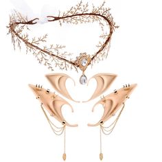 two pieces of jewelry are shown in the shape of swan wings and branches with pearls on them