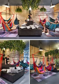 three pictures of people sitting in hammocks and reading books on the couches