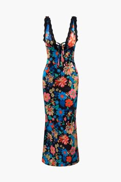 Floral Print Lace Trim V-neck Maxi Dress – Micas Brunch Garden, List Style, Lace Maxi Dress, Fit Check, Looks Vintage, Fancy Dresses, Floral Maxi Dress, Floral Print Dress, Unique Colors