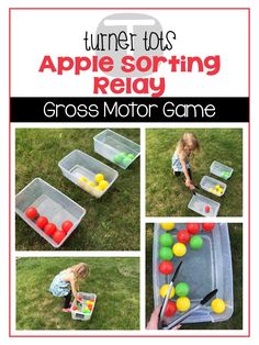 an apple sorting relay game for toddlers to play on the grass with their toys