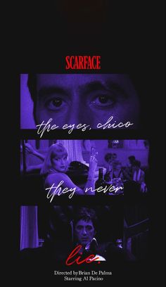 the movie poster for scarfface, with two different faces and words on each side