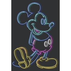 a mickey mouse neon sign is shown on a black background with the word disney written in it