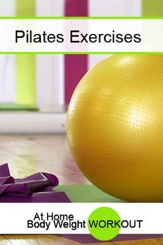 an orange ball and purple exercise equipment on a wooden floor with the words pilates exercises above it