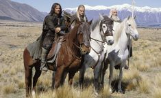 three men riding horses in the middle of a field with mountains in the back ground