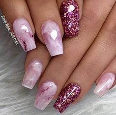 Pink Sparkle Nails, Nails With Glitter, Marble Nail Art, Sparkle Nails, Glitter Nail Art, Coffin Nails Designs, Bling Nails, Nail Art Inspiration