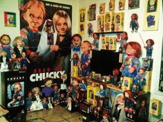 a room filled with lots of doll heads and action figures on the wall, including chucky