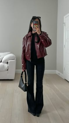 outfit linked, affiliate - red burgundy leather jacket black outfit for fall autumn Black And Burgundy Fall Outfits, Pop Of Burgundy Outfit, Red Wine Jacket Outfit, Outfits Ideas With Leather Jacket, Leather Jacket Birthday Outfit, Plum Jacket Outfit, Winter Outfit Leather Jacket, Autumn Outfits Leather Jacket, Black Leather Sherpa Jacket Outfit