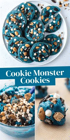 cookie monster cookies with chocolate chips and marshmallows in the middle, on a white plate