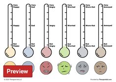 Emotion Thermometers (Worksheet) | Therapist Aid Feeling Thermometer, Emotional Journal, Social Work Activities, Cbt Worksheets, Emotions Cards, Emotion Faces, Counseling Kids, Dialectical Behavior Therapy