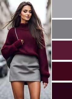 Embrace fall in this cozy maroon sweater paired with a sleek gray mini skirt. This effortlessly chic look is perfect for a stylish day out, featuring a warm, rich color palette that combines comfort and elegance.   #FallFashion #MaroonSweater #MiniSkirt #StreetStyle #EffortlessChic #FallOutfitInspo #LayeredLooks #CozyChic #ColorPaletteInspo #CozySweater #FallLayers #SweaterWeather #MiniSkirtSeason #FallSkirts #GrayOutfit #FallColors #OutfitColorPalette #WarmTones #colorCombos #colorCombosOutfits Gonna Bordeaux Outfit, Bright Winter Fall Outfits, Maroon Skirt Outfit Winter, Bordeaux Color Palette, Deep Winter Wardrobe, Burgundy Skirt Outfit Fall, Deep Winter Color Palette Outfits, Bordeaux Outfit, Colour Combinations Fashion