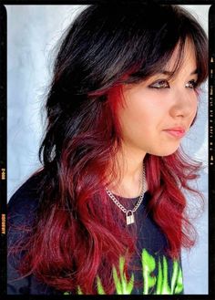 Red Under Color Hair, Shag Dyed Hair, Dark Red Shag Haircut, Wolf Cut With Dyed Tips, Red Hair Shag Cut, Under Dyed Hair Red, Red Hair Dye Underneath, Wolf Cut With Red Highlights, Wolf Cut Peekaboo Hair