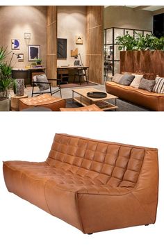 two different views of a living room with leather furniture