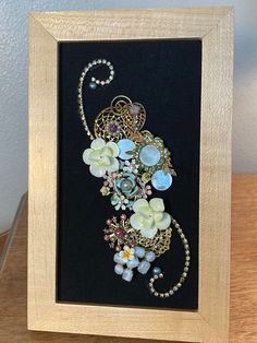 Bejeweled Framed pastels Floral Jewelry Art | Etsy Upcycle Jewelry, Jewelry Pictures, Vintage Jewelry Diy, Button Tree, Jewelry Repurposed, Framed Jewelry, Brooch Art