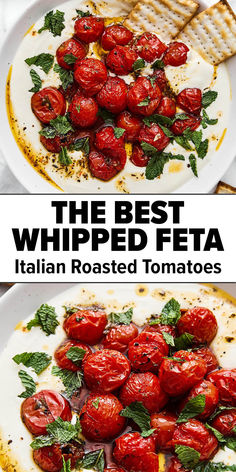 Whipped feta with roasted tomatoes Pita And Dip Platter, Roasted Tomato Appetizer Appetizers, Italian Party Snacks, Whipped Feta With Tomatoes, Bruchetta Appetizers With Feta, Feta Board Ideas, Italian Night Appetizers, Tomato And Mozzarella Recipes, Appetizers With Basil