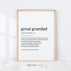 a framed poster with the words great grandma in black and white, on a wooden floor