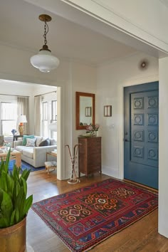 a living room with a blue door, rug and potted plant in the corner