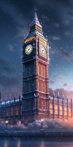 the big ben clock tower towering over the city of london at night with snow falling