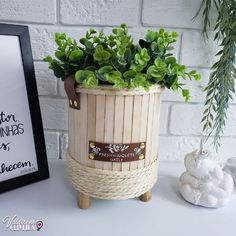 a potted plant sitting on top of a white table next to a framed photo