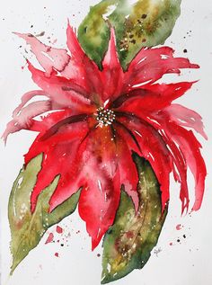 a watercolor painting of a red flower with green leaves on the bottom and center