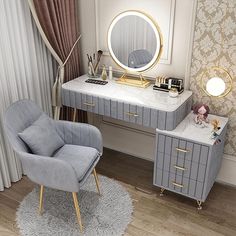 a chair and vanity in a room