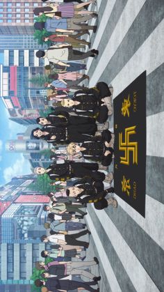 a group of people standing next to each other in front of a tall building on a city street