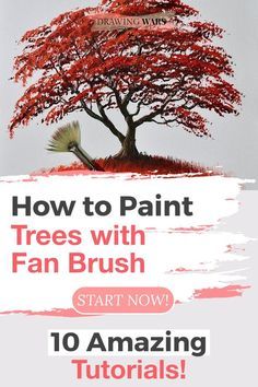 a red tree with the words how to paint trees with fan brush