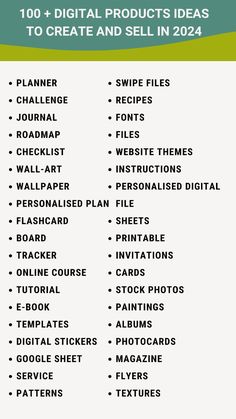 the top 100 + digital products ideas to create and sell in 2021 info sheet with text