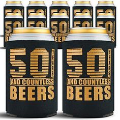 six black and gold beer cans with the number 50 printed on each can, in front of white background