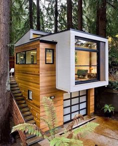 a small house in the woods with stairs leading up to it's roof and windows