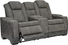 the reclining loveseat has two seats and is made out of grey fabric