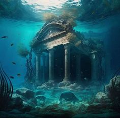 an underwater scene with columns and fish