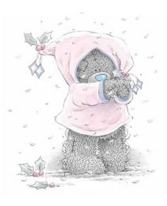 a drawing of a teddy bear wearing a pink coat and holding a stuffed animal in it's arms